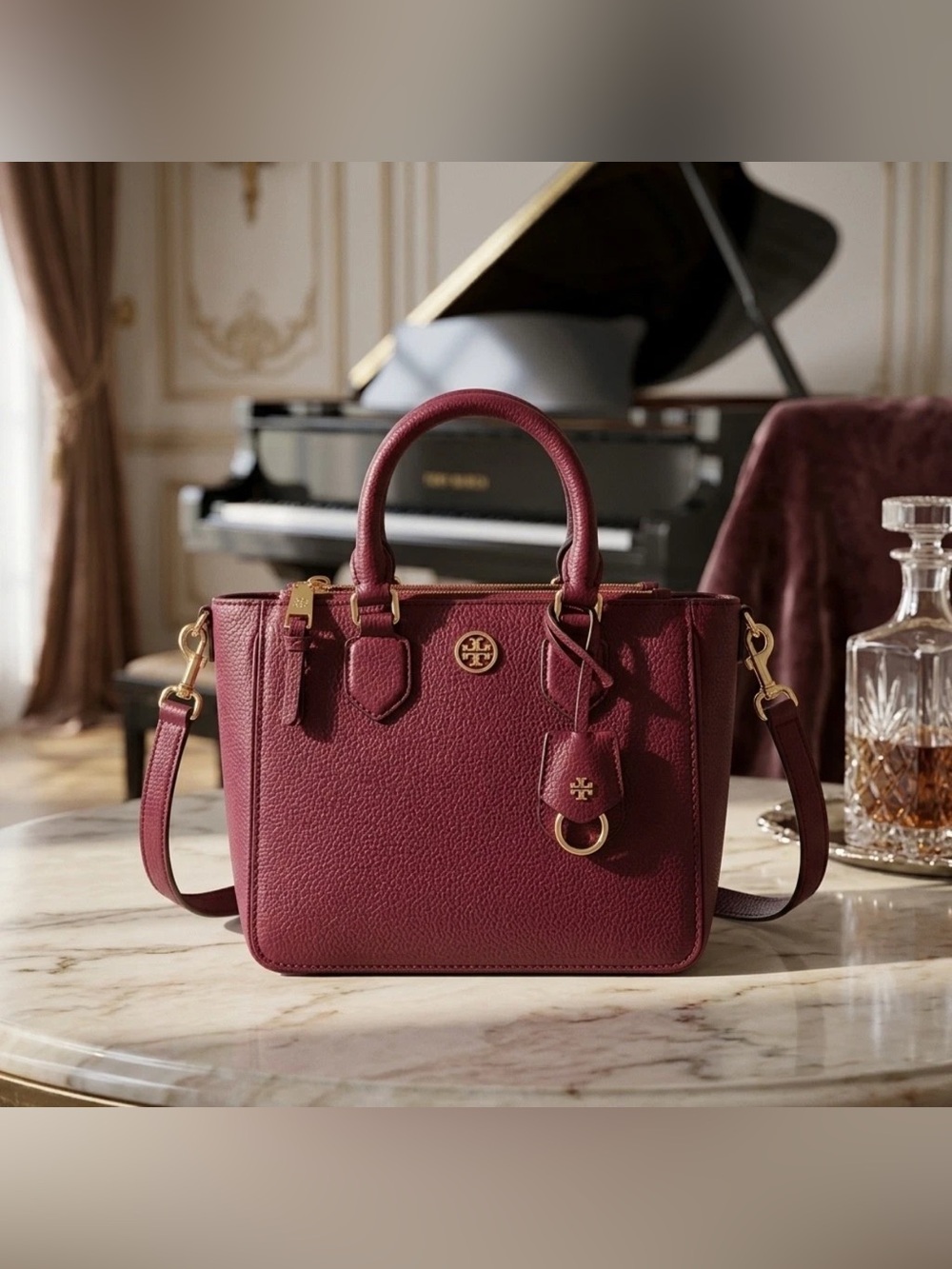 NEW Tory Burch Robinson Wine Red Pebbled Leather Mini Square Tote/Crossbody Bag